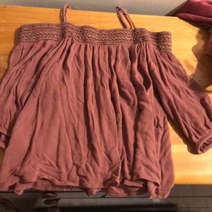 off the shoulder pink shirt